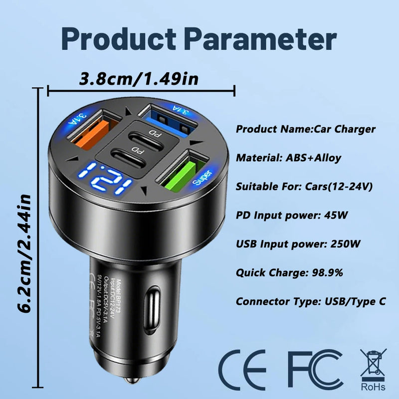 ឆ្នាំងសាករថយន្ត 250W 5-in-1 PD QC3.0 សាកថ្មលឿន USB C សម្រាប់ iPhone, Samsung Galaxy, iPad Pro, អាដាប់ទ័រភ្លើងបារីច្រើនរន្ធ