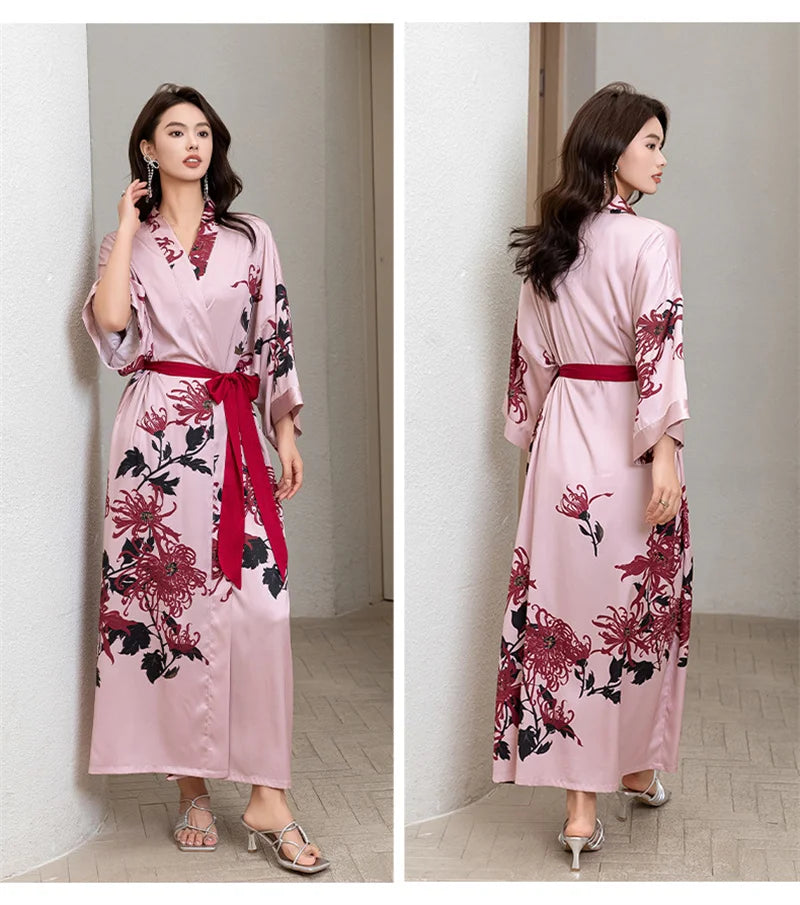 Women Ice Silk Rayon Home Dress Black Print Flower Long Robe Nightgown Spring Summer Half Sleeve Kimono Bathrobe Gown