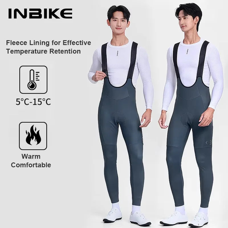 INBIKE Men's Winter Thermal Fleece Cycling Bib Pants Windproof Bicycle Tights with Chamois Padding Pockets MTB Cycling Clothing
