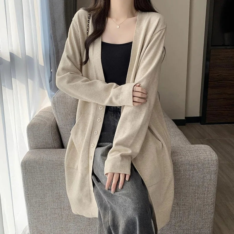 Spring Autumn Middle-long Knitwear Top New Cardigan Women's Sweater Jacket Casual Knitting Woolen Coat Woman Clothing Pocket