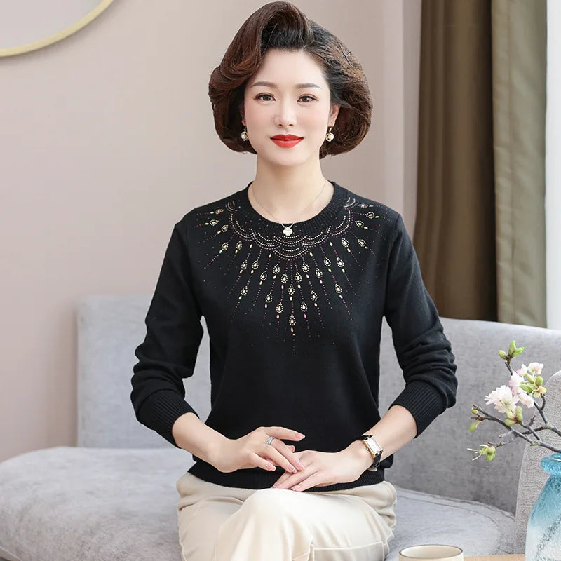 New Mid Aged Mother Pullovers Spring Autumn Sweater Fashion Diamond Knitwear Bottom Top Round Neck Pull Women Knitting Shirt