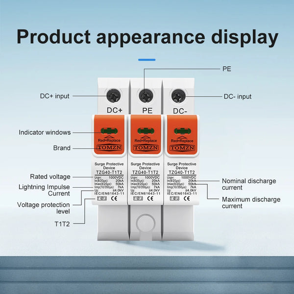 TOMZN T1T2 DC Surge Protector 1000V/1200V DC 820μs 20–50kA 10350μs 7kA Low-voltage Surge Arrester Device for PV Household Use