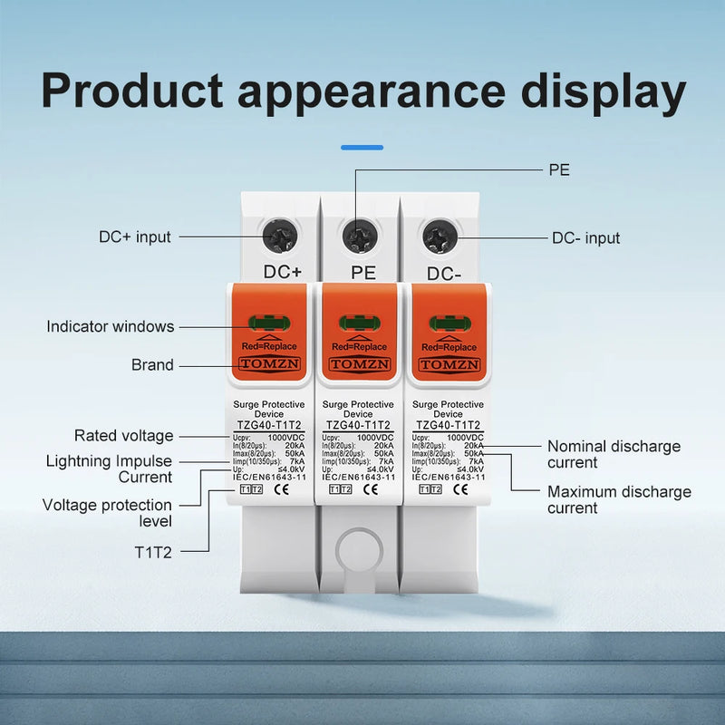 TOMZN T1T2 DC Surge Protector 1000V/1200V DC 820μs 20–50kA 10350μs 7kA Low-voltage Surge Arrester Device for PV Household Use