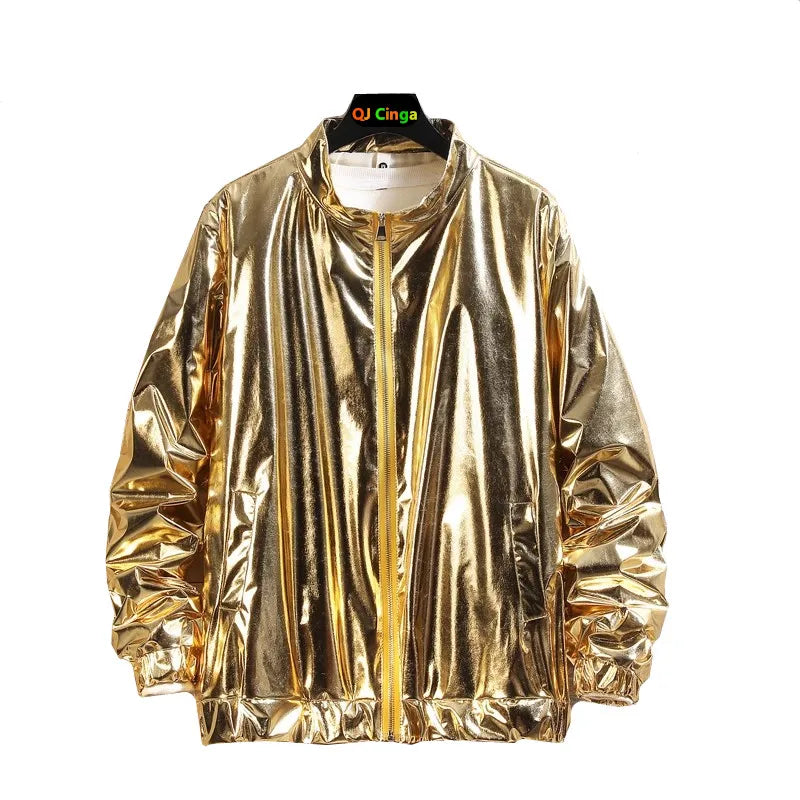 Gold Mens Pants, Elastic Waist Casual Trousers, Silver Fashion Loose Straight Leg Pant, Great for Dance Performances