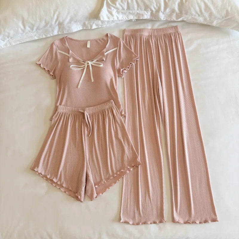Casual 3 Piece Chest Pad Homewear Women's Summer Pajamas Short Sleeve Sleepwear Loungewear Set Solid Color Home Suit Pijama