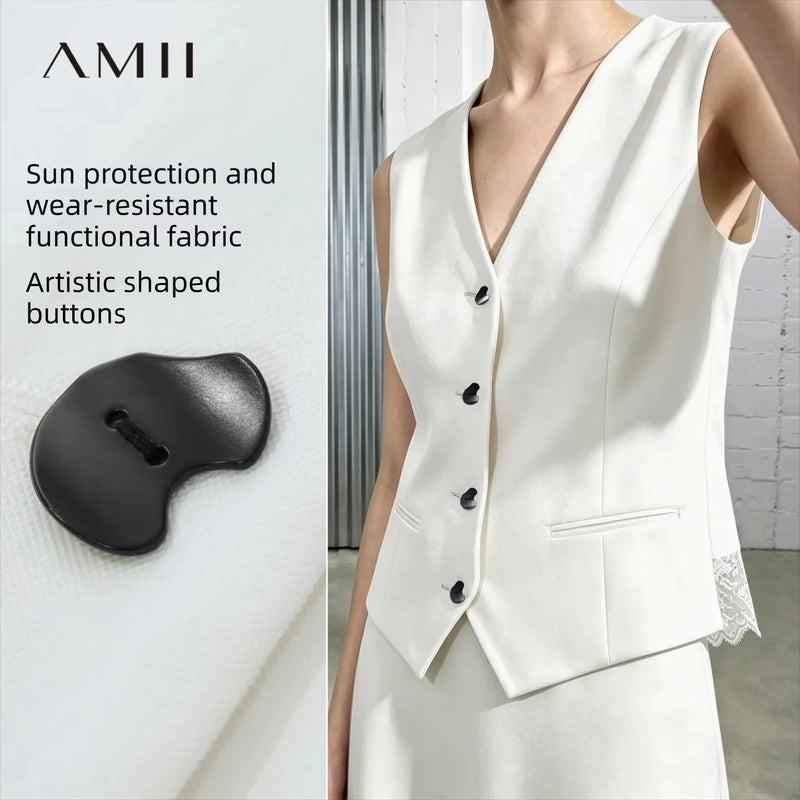 AMII Women's Vest Jacket 2026 Autumn New Solid Commuter V-neck Crop Top Loose Commuter Midi Lace Skirt Woman Clothes 12623027