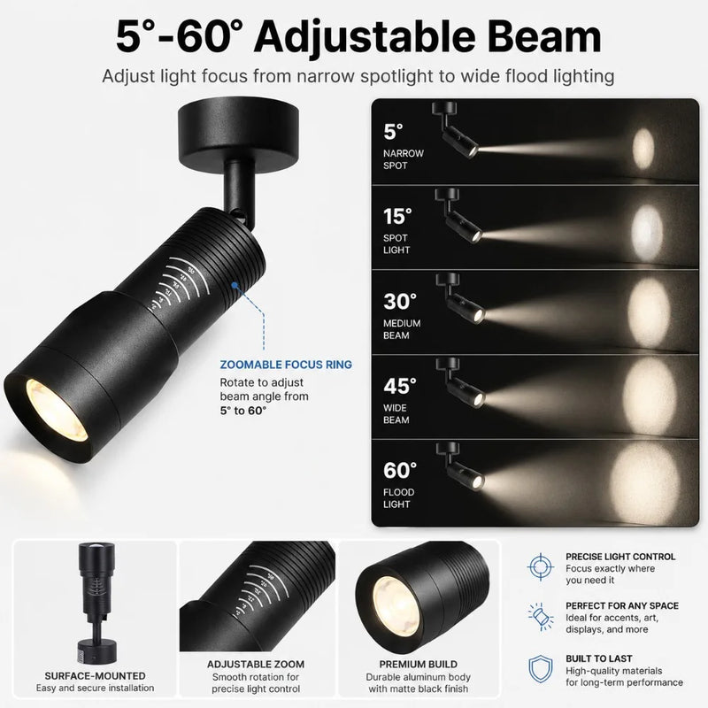 JOYINLED 7W Zoomable LED Spotlight Adjustable 5°-60° Beam Angle Focus Ceiling Light Black Track Downlight with Beam Control