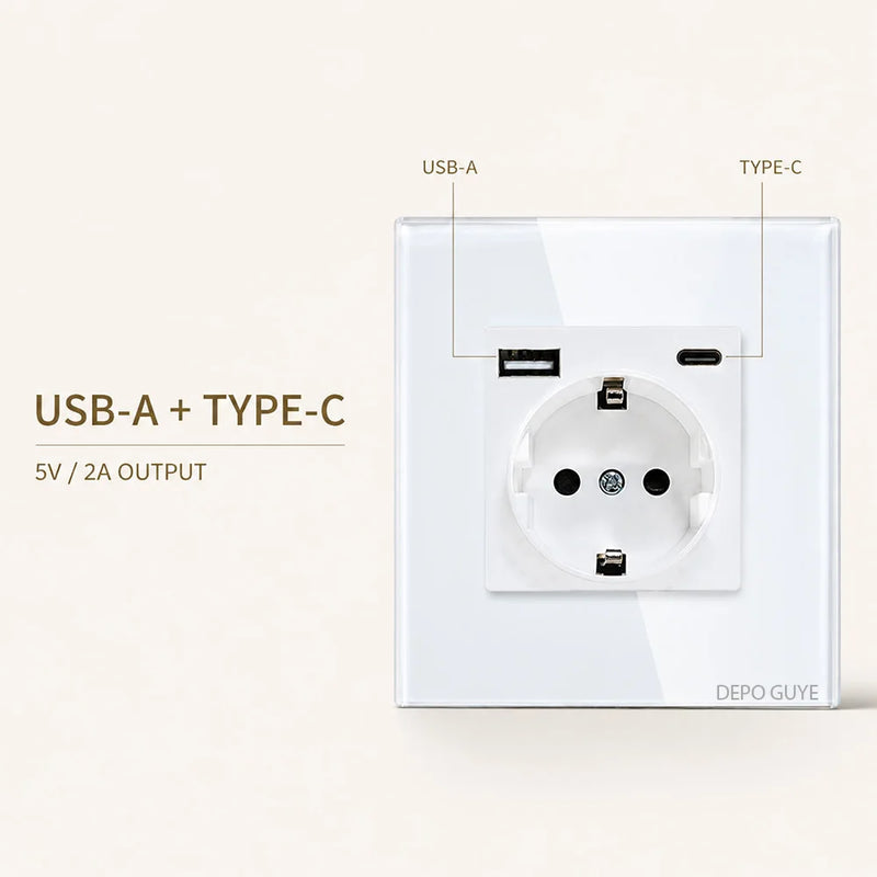 EU Standard 86x86mm Tempered Glass Wall Socket 16A Power Outlet with 5V 2A USB Type C or Dual USB for Home Hotel Office