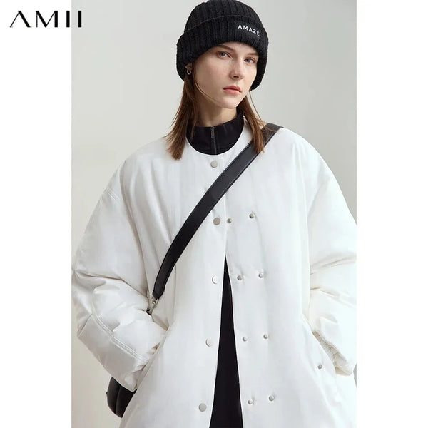 AMII Minimalism Women's Down Jacket 2026 Winter Casual Warm Round Neck Ultra-loose Long Sleeve Solid Versatile Overcoat 12444112