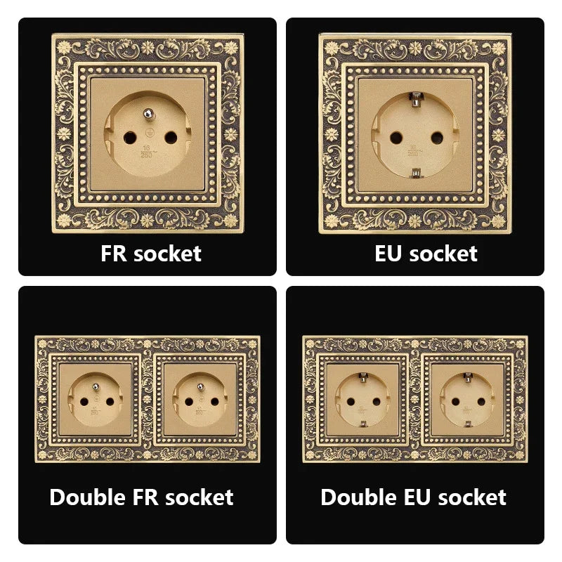 Luxury European retro Metal Button Switch panel,EU France Standard copper Wall socket,Universal light home switch power outlet