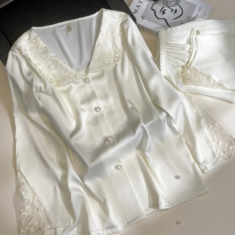 Embroidered Lace Lapel Pajama Sets Ice Silk Long Sleeve Trousers Suit Spring Autumn Women's Sleepwear Pyjama Home Suit For Women