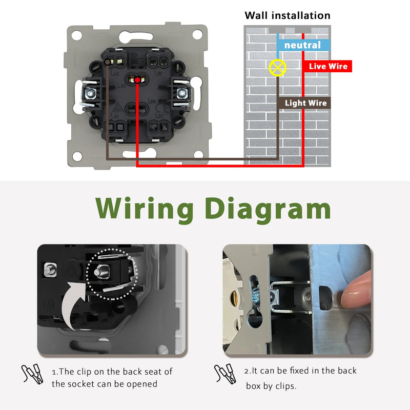 BSEED EU Standard Wall Light Switch 1/2Gang 1/2Way Toggle Switch Glass Panel White Color Wall Switch On Off 10A 250V for Stairs