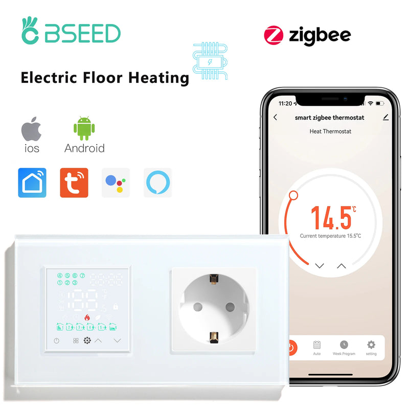 BSEED Zigbee Electric Floor Heating Thermostat Temperature Controller With Normal Socket Tuya Smart Life Google Home Control
