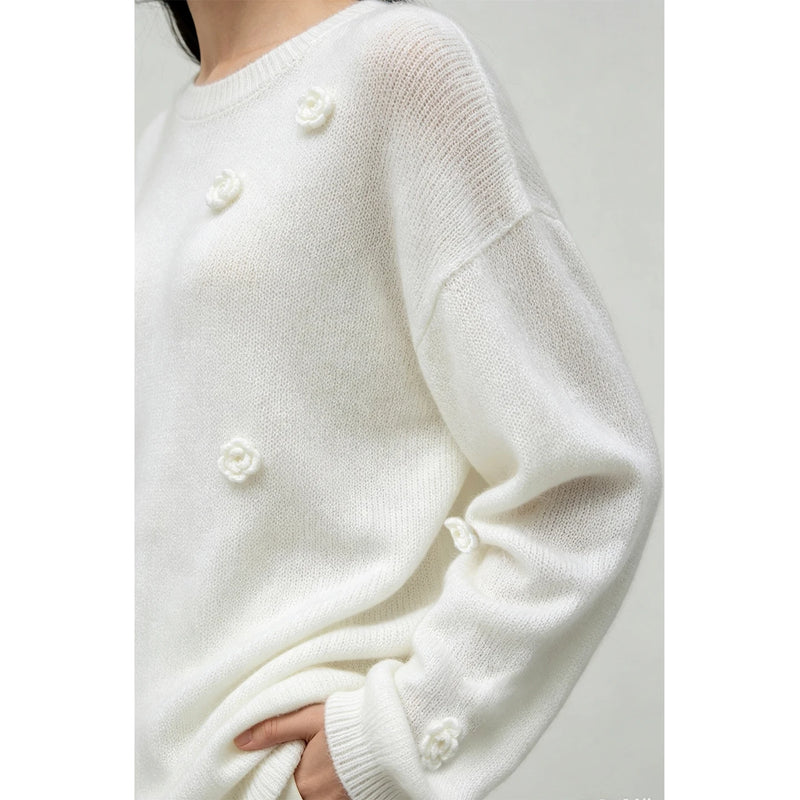 Amii Women's Crew Neck Autumn Sweater Drop Shoulder Long Sleeve Rose Casual Pullover Loose Knit Tops Female Clothing 12623037