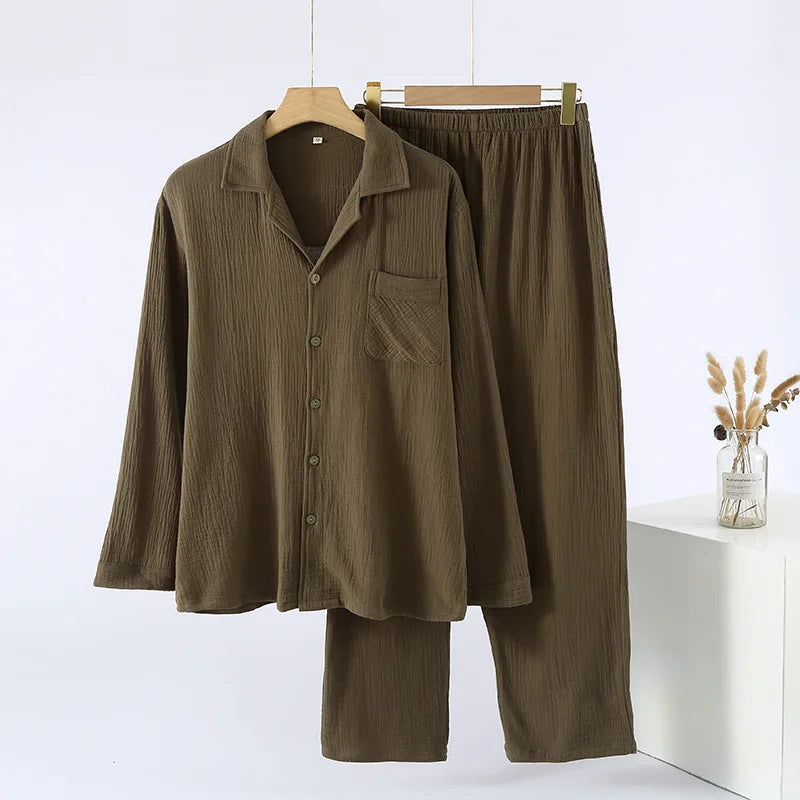 100% Cotton Pajamas for Men New Autumn Sleepwear 2PCS/Set Long-Sleeved Lapel Top Home Wear Suit Pyjamas Male for Loungewear