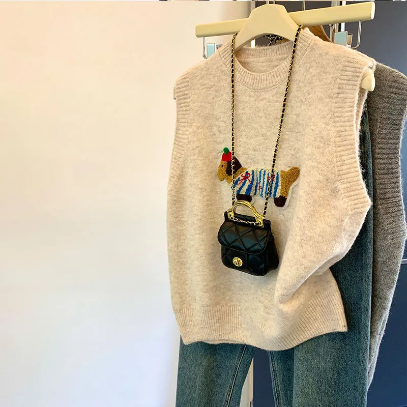Basic Cartoon Sleeveless Vest Knitted Sweater Spring and Autumn Loose Ladies Knitwear Top Woolen Jackets Women Waistcoat