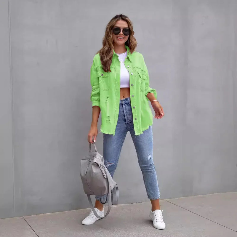 Women's Purple Mid-Length Raw Edge Ripped Denim Jacket, Red Long Sleeve Casual Lapel Coats Top, Green Blue Yellow Gray Optional