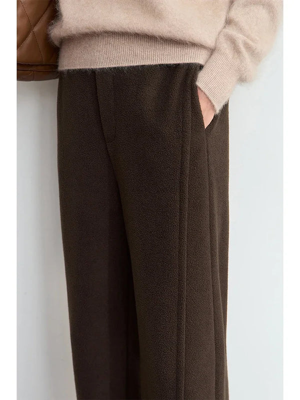 AMII Minimalist False Placket Rear Rubber Band Waist Casual Trousers 2026 Winter Women's Suede Wide-leg Trousers Pants 12444074