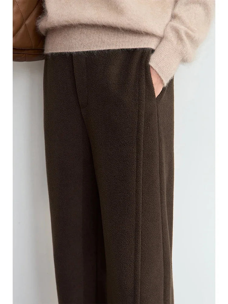 AMII Minimalist False Placket Rear Rubber Band Waist Casual Trousers 2026 Winter Women's Suede Wide-leg Trousers Pants 12444074