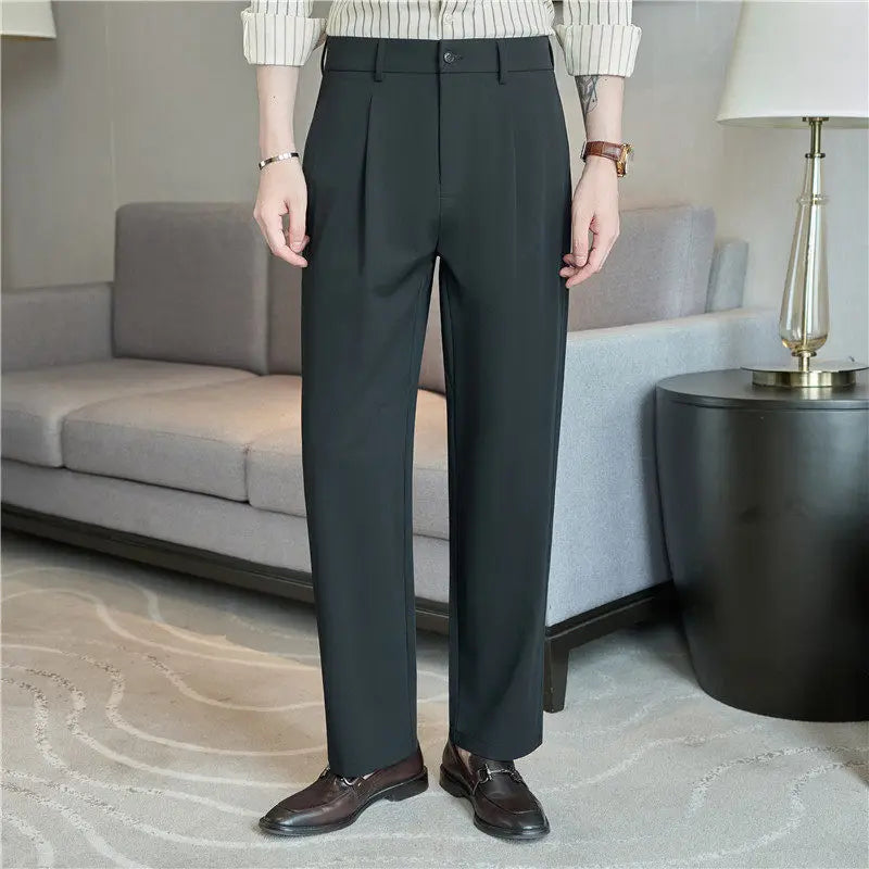Men's Black Dress Pants for Summer and Fall; Gray Stretch Wide-leg Trousers for Spring; Asian Sizes 29–38.