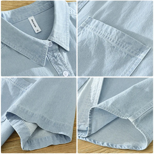 Summer New Simple Denim Cotton Short Sleeve Shirts for Men Clothing Slim Turn-down Collar Streetwear CM8853