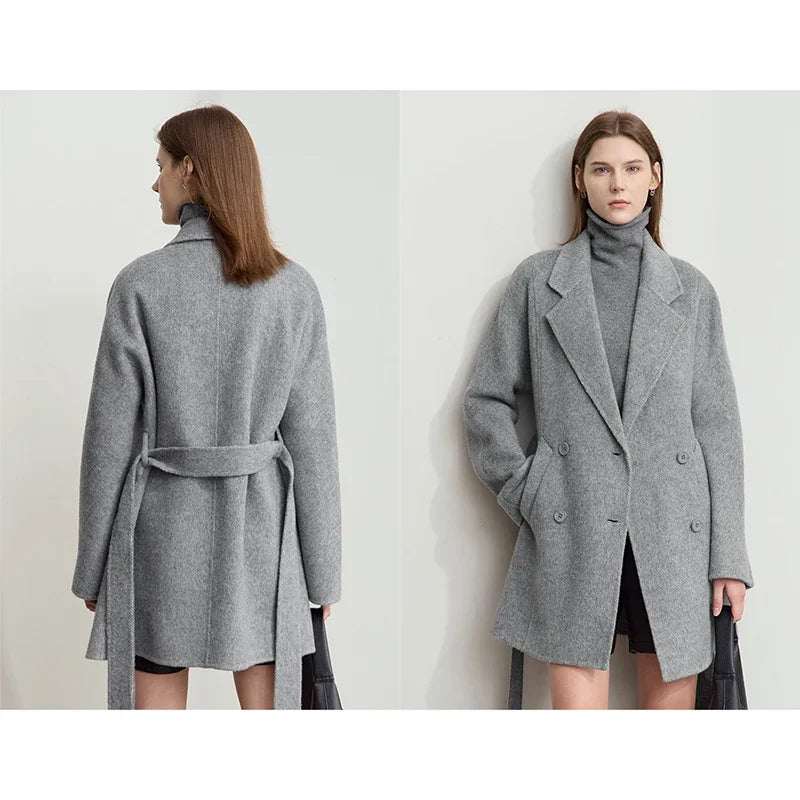 អាវរោមចៀម AMII Minimalism Alpaca សម្រាប់ស្ត្រីជាមួយខ្សែក្រវ៉ាត់ឆ្នាំ ២០២៥ រដូវរងាថ្មី Lapel Collar អាវធំពីរជាន់ 12454031