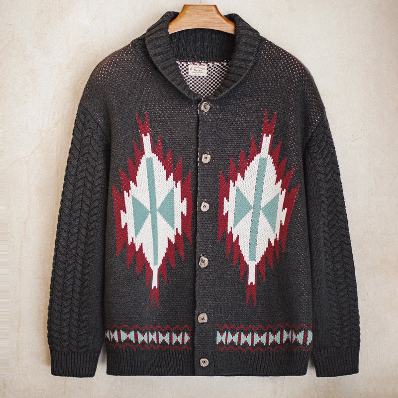 Maden Men’s Retro Cowichan Shawl Collar Cardigan Jacquard Knit Native Style Jacket Single-Breasted Fall and Winter Sweater Coat