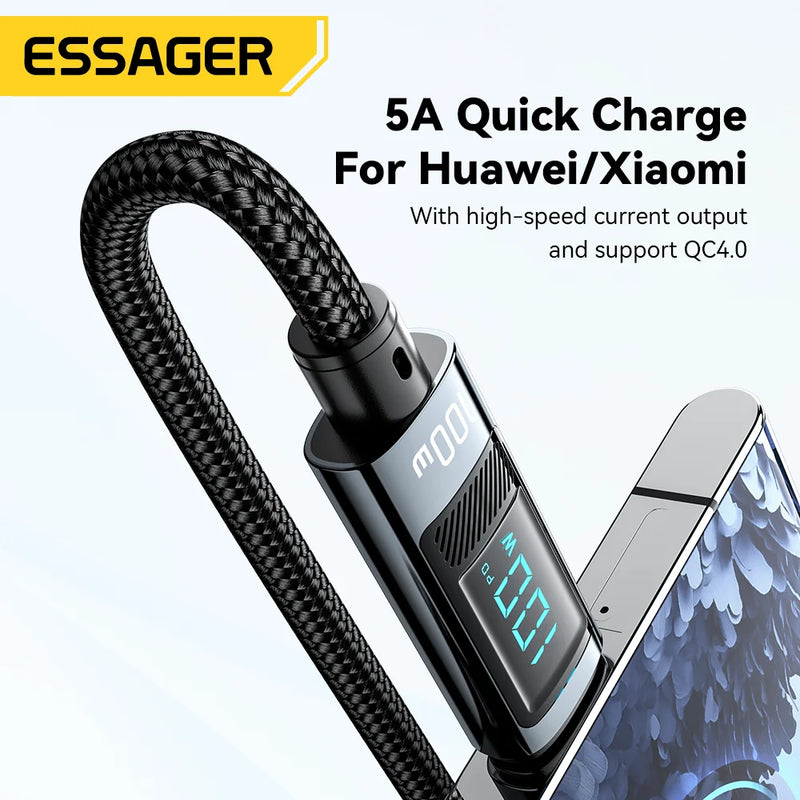ខ្សែសាក Essager 100W USB Type C 90° LED Digital Display Cable 5A PD Fast Charging សម្រាប់ iPhone 16 15 Huawei Xiaomi Samsung MacBook
