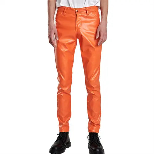 2026 Bright Green Men's Biker Leather Pants, Fashion Slim Stretch PU Pants Red Blue Black Gray Men Pant Plus Size 28-36 38 40