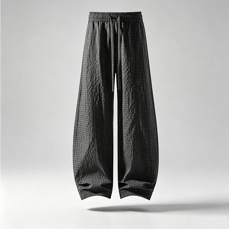 Mens Plaid Crinkle Harem Trousers Elastic Drawstring Waist Loose Fit Breathable Lightweight Outdoor Walking Garment