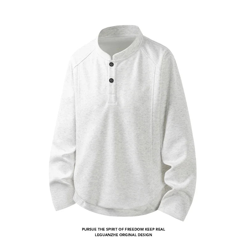 Male Raglan Sleeve Henley Pullover Stand Collar Two Button Long Sleeve Breathable Fabric Casual Travel Garment