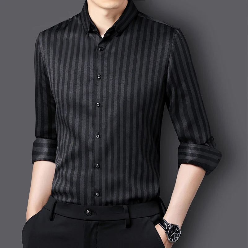 Black Striped Long Sleeve Shirt, Men's Single Breasted Shirts, with Square Collar Yellow Brown Camisas Para Hombre M-5XL