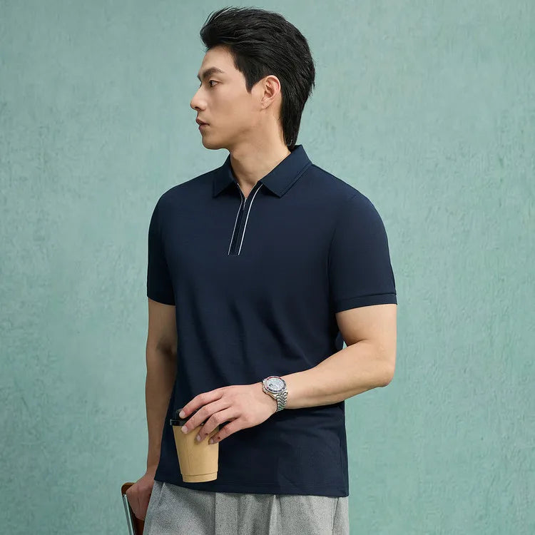 Men's Zipper Polo Shirt – Soft Lyocell Linen Silk Blend, Breathable & Stretchy, Business Casual Short Sleeve for Summer Travel