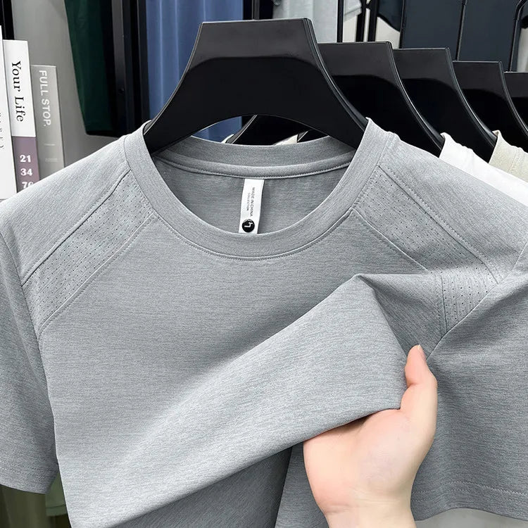Quick-Dry T-Shirt with Laser Perforated & Mesh Panel Design, Crew Neck Short Sleeve, Breathable Antibacterial Cooling Casual