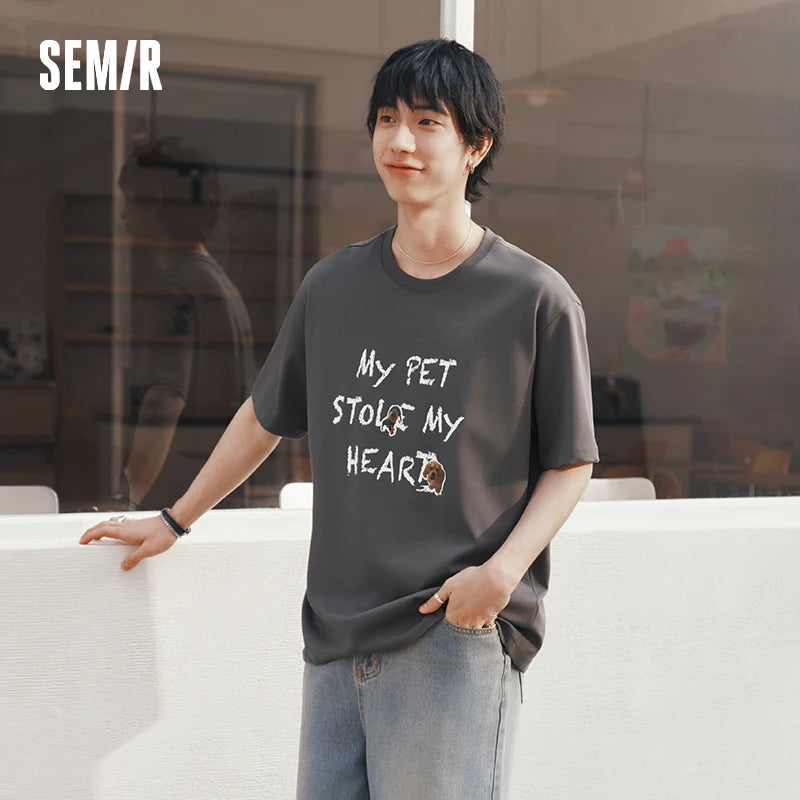 Semir Mens Tshirt 2026 Cute Animal Sticker Printed Knitted Trendy Loose Crew Neck Casual