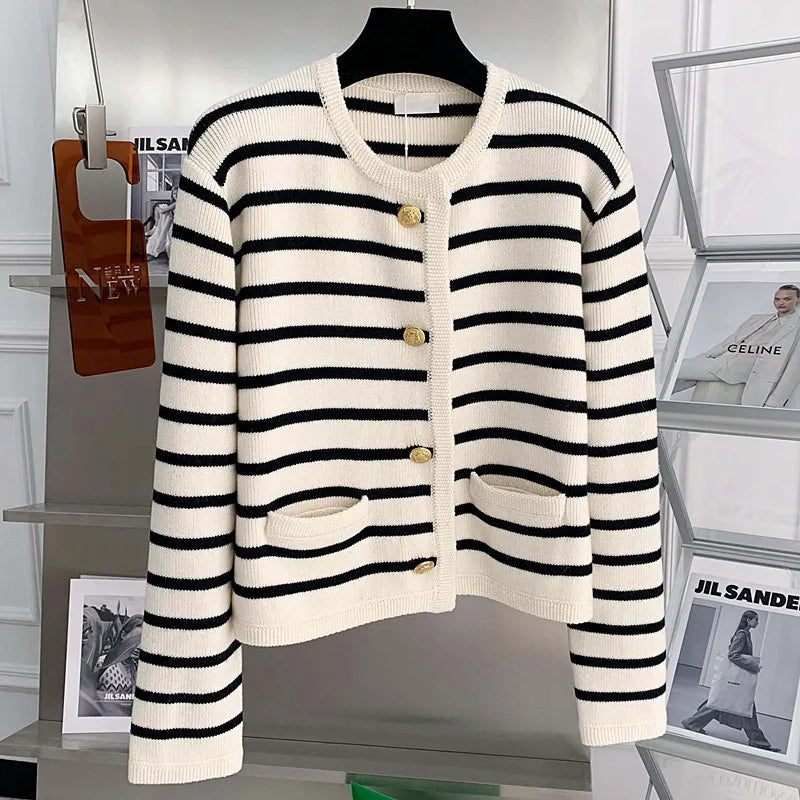 Gold Button Contrast Stripe Long Sleeve Top Small Fragrant Knitted Cardigan Sueter Womens Clothing Spring Autumn Sweater Coat