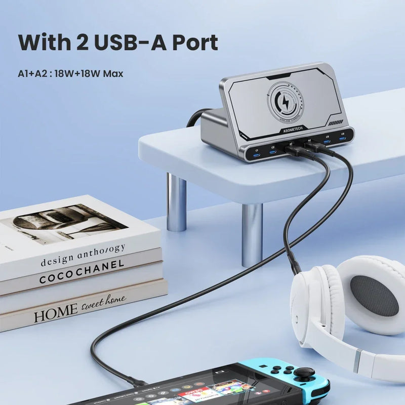 ស្ថានីយសាកថ្មឥតខ្សែ USB 160W ឆ្នាំងសាកឥតខ្សែ 65W PD PPS 45W GaN ឆ្នាំងសាករហ័សសម្រាប់ iPhone 15 14 Pro Samsung កុំព្យូទ័រយួរដៃថេប្លេត