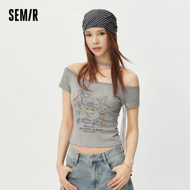 Semir Women Tshirt Lace One Shoulder Print Slim Cropped Top 2026 Summer Trendy