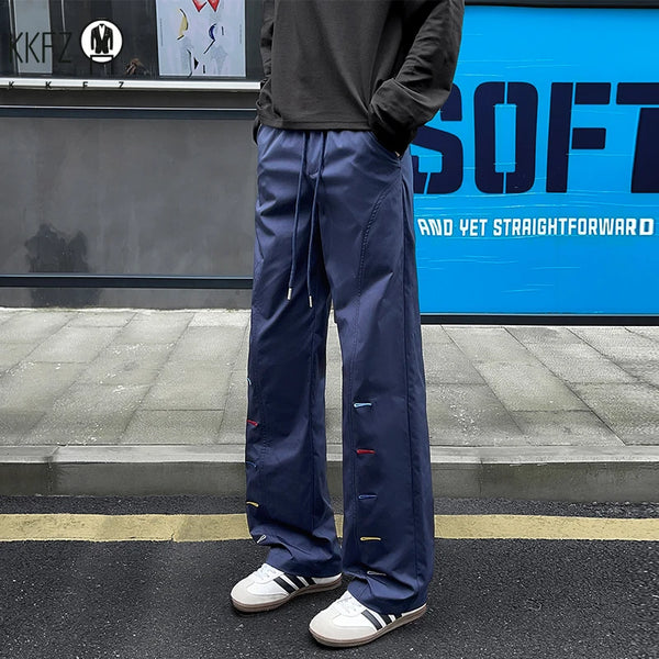 Relaxed Wide Leg Sport Pants For Men Elastic Waist Drawstring Detail Soft Smooth Fabric Casual Trousers For Daily Outing