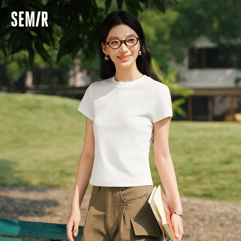 Semir Womens Tshirt 2026 Short Style Slim Regular Shoulder Crew Neck Versatile Cool Feeling Casual