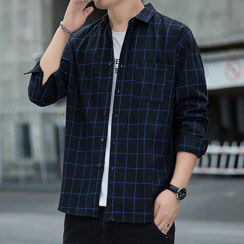 2026 New Men's Black Long Sleeve Shirt with Blue Striped Grid Decoration Casual Loose Fit Fashion Top Shirt
