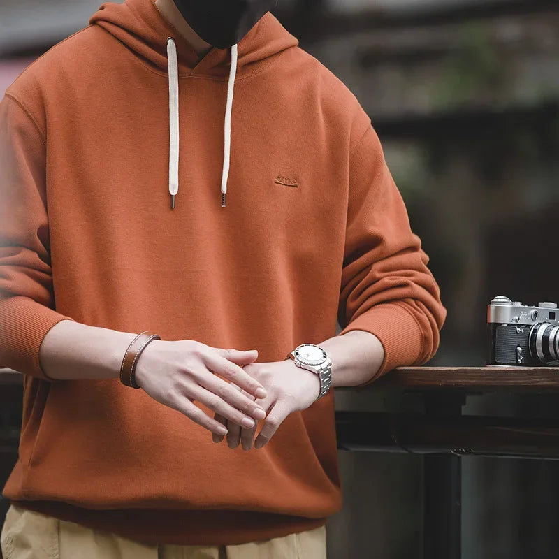 Maden Retro Men's Solid Color Long Sleeve Hoodies Sweatshirt Casual Loose with Drawstring Pullover for Men Autumn Streetwear Top