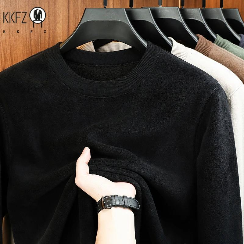 Men's Velvet Hoodie, Long Sleeve Round Neck Monochromatic Casual Versatile Top Autumn Winter Fashion