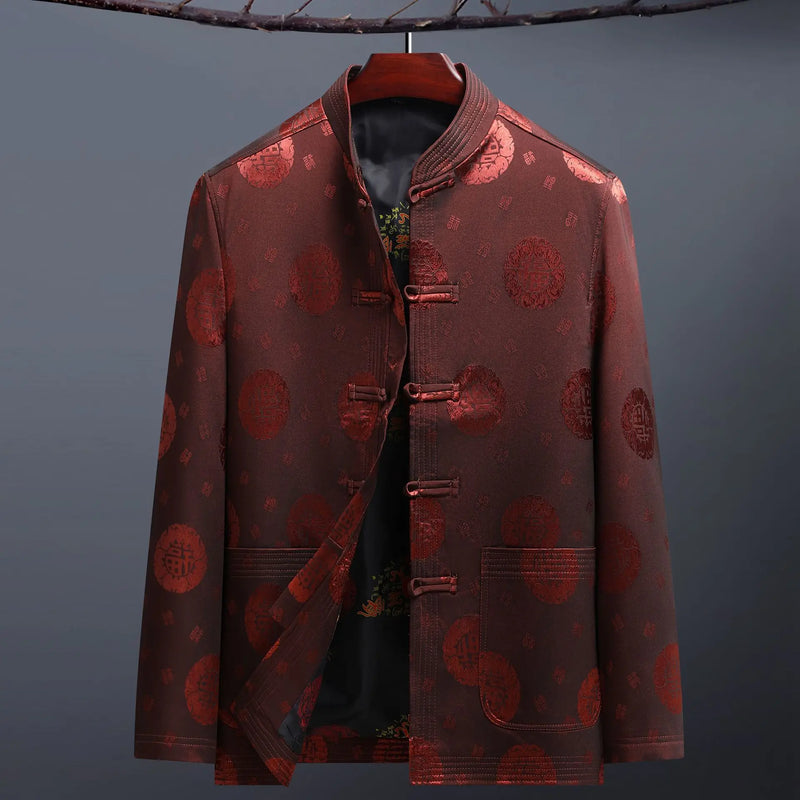 2026 New Men's Red Embroidered Long-Sleeve Jacket, Chinese-Style Single-Breasted Stand-Up Collar Coat, Fashionable Casual Tops.