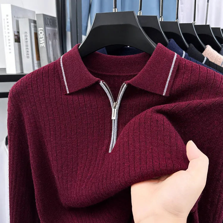 100% Cashmere Wool Sweater, Semi-Zip Placket Ribbed Texture, Soft Non-Irritating, 7 Colors M-4XL Business Casual