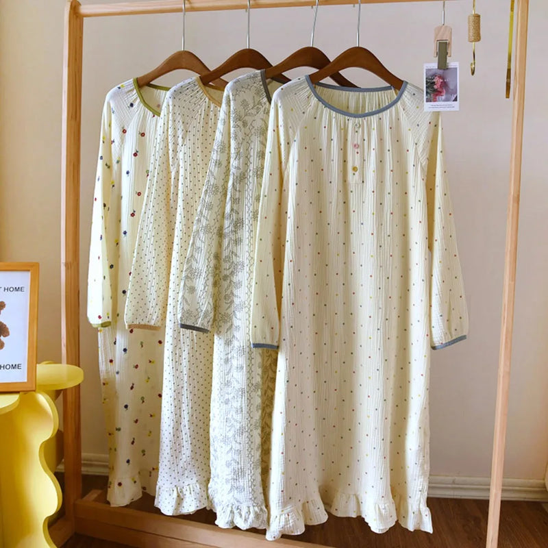 Floral Sleepwear Women's Nightgowns Spring Autumn Long Sleeve One Piece Pajamas Dress Pure Cotton Nightdress Sleeping Clothes