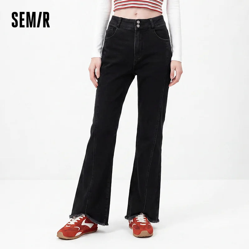Semir Women Jeans Split Flare Raw Hem Washed Retro Slim Look 2026 Autumn Street Style Soft Denim Long Pants Daily Wear