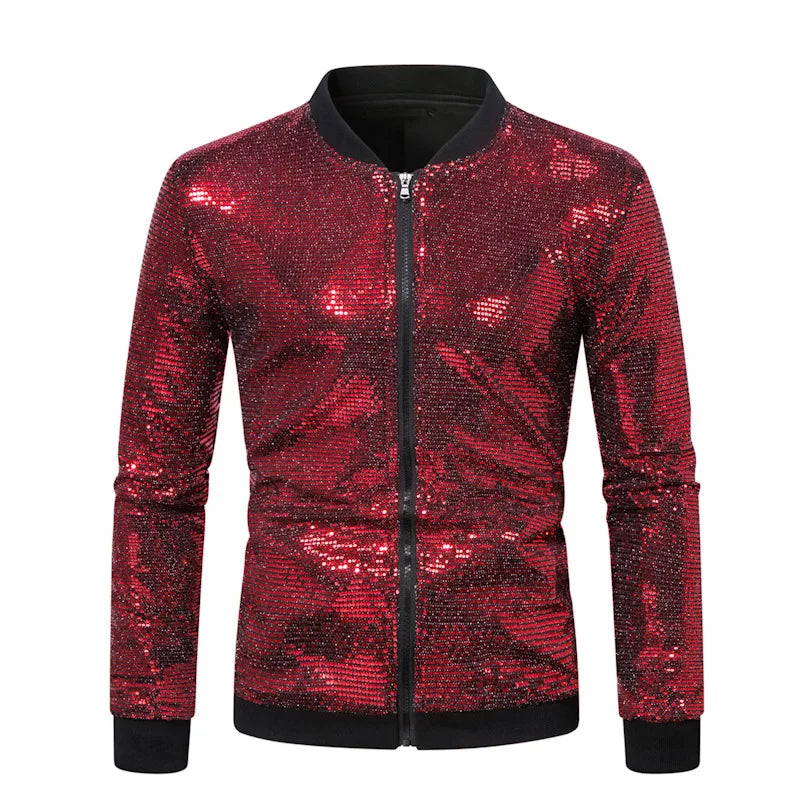 2026 Men's Gold Long Sleeve Jacket, Baseball Collar Zipper Control Switch Jackets,Round Metal Piece Decoration Top, Silver Coat
