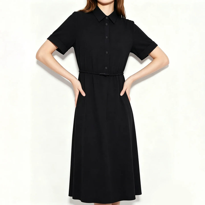 Amii Women's Dress 2026 Summer New Lapel Collar Half Placket Drawstring Short Sleeve Casual A-Line Midi Dress For Women 12642158