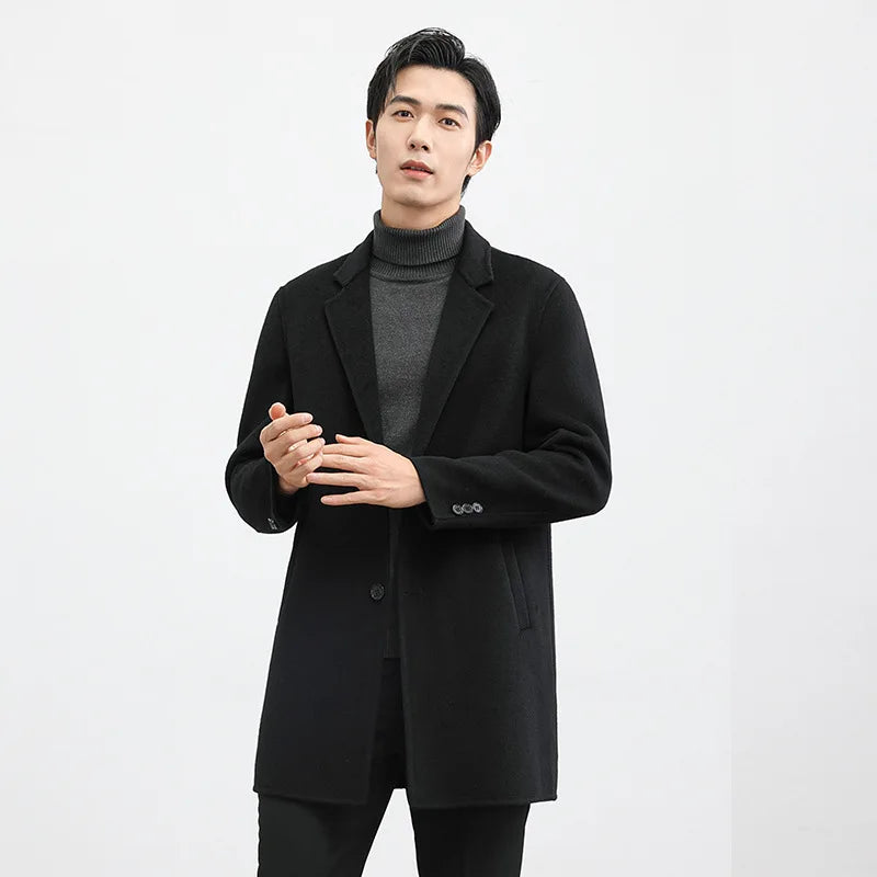 2026 New Winter Men's Camel Wool Coat, High-Quality Black Single-Button Long-Sleeve Jacket, Business/Office/Dinner Wear.